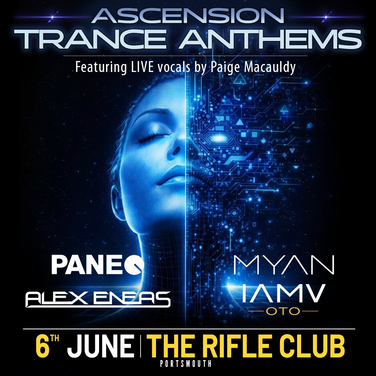 Saturday 6th June 2026 7.30pm - 1.00am Ascension presents TRANCE ANTHEMS at The Rifle Club in Portsmouth