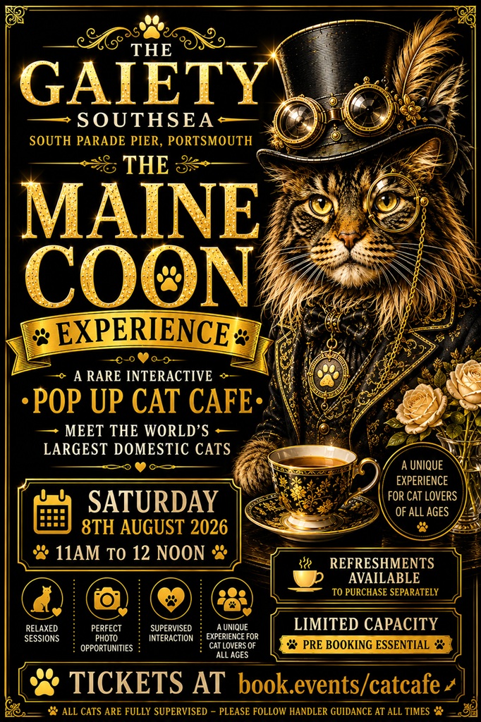 SOLD OUT Saturday 8th August 11am to 12  Noon THE MAINE COON CAT EXPERIENCE, A rare interactive pop-up Cat Cafe at the Gaiety Southsea, South Parade Pier, Portsmouth.