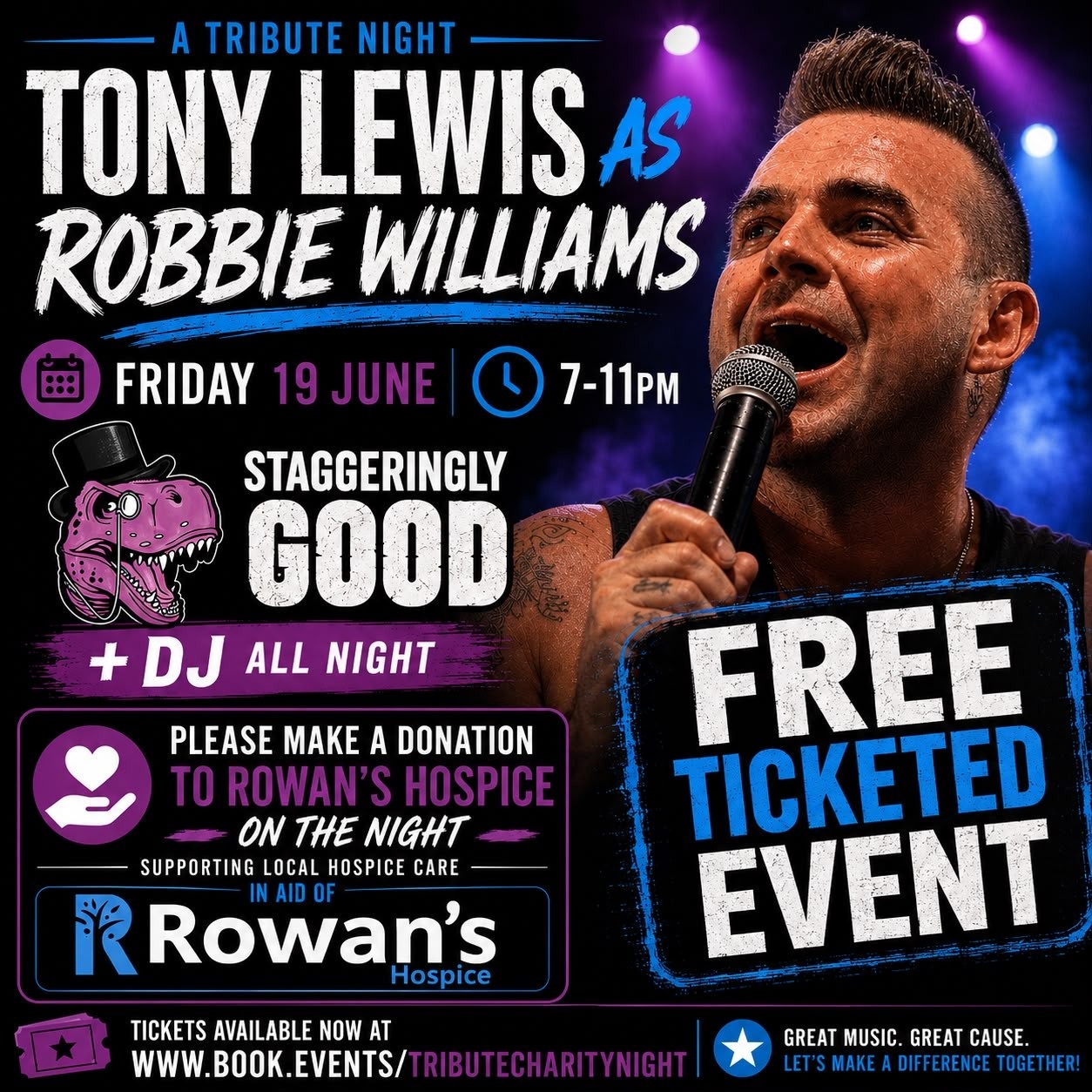Friday 19th June 2026 7pm to 11pm 2026 TRIBUTE CHARITY NIGHT Featuring TONY LEWIS as ROBBIE WILLIAMS (Full Band)  Plus DJ at Staggeringly Good Brewery Portsmouth