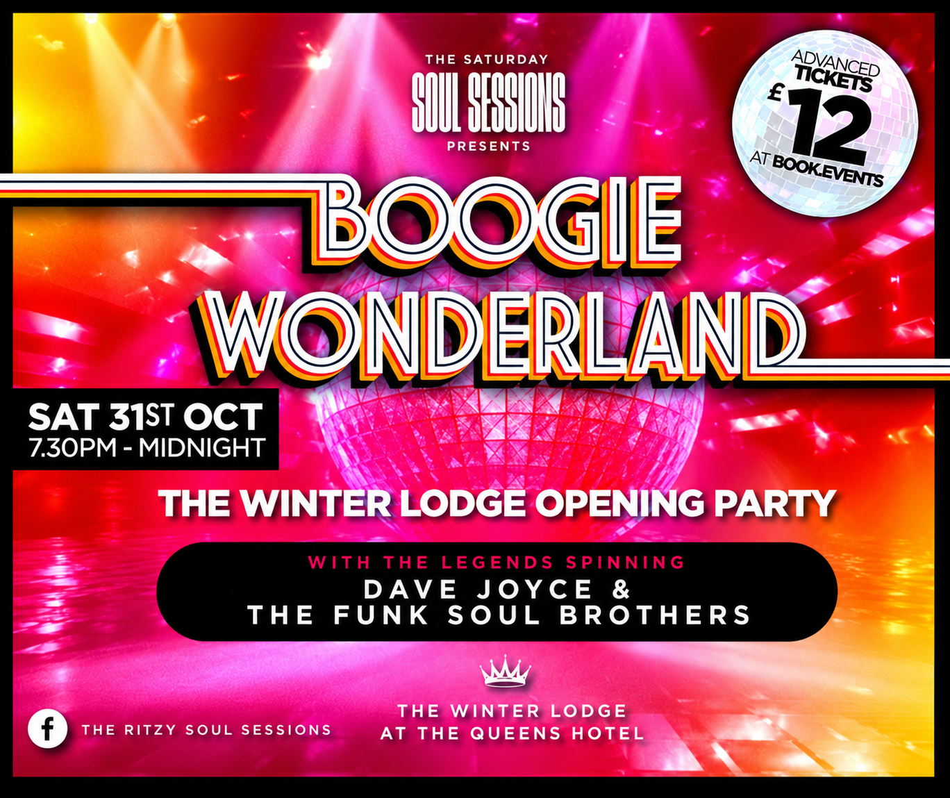 Saturday 31st October 2026 7.30pm - Midnight BOOGIE WONDERLAND WINTER LODGE OPENING PARTY Featuring Dave Joyce and The Funk Soul Brothers  at The Queens Hotel in Southsea 