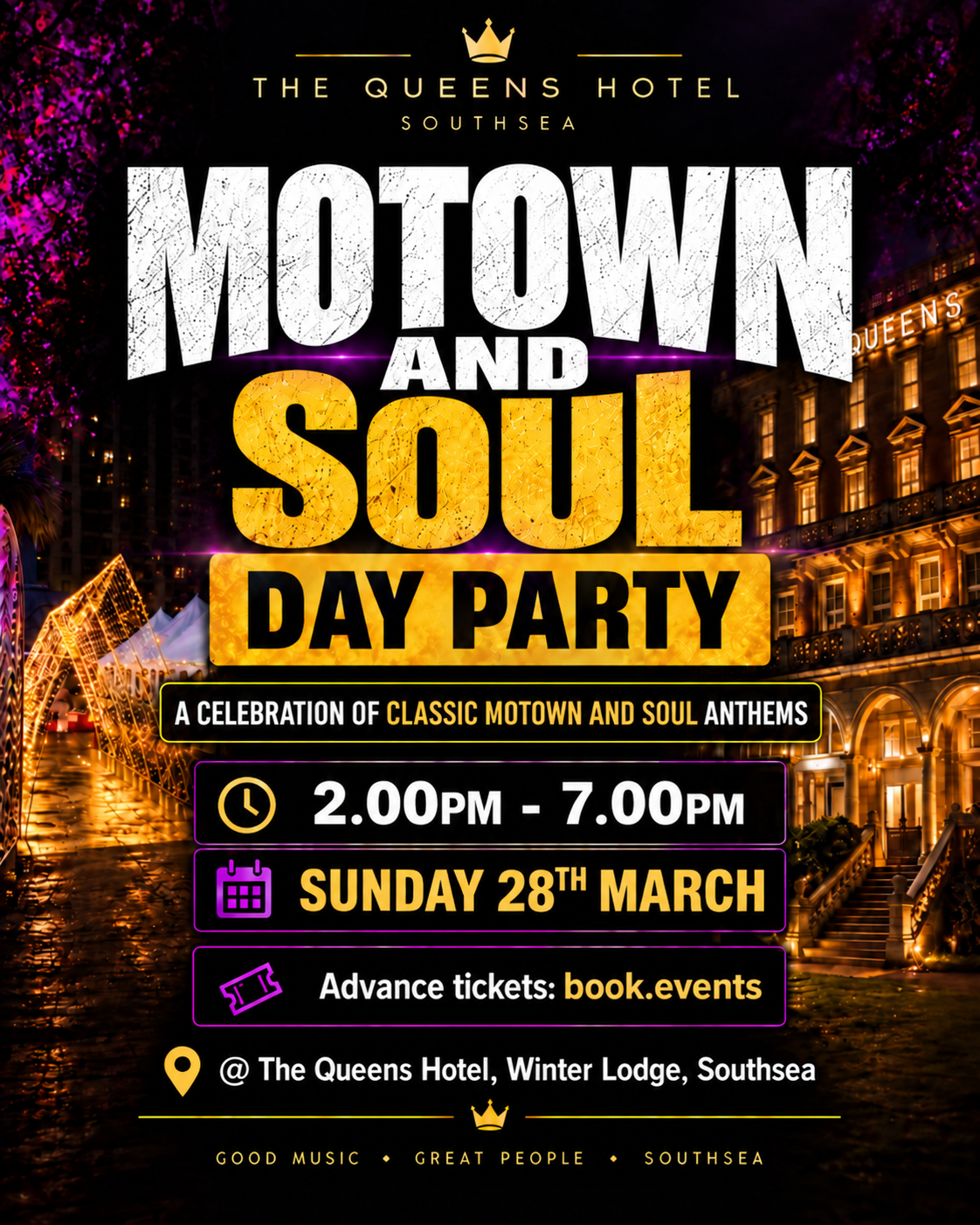 Sunday 14th March 2.00pm -  7.00pm MOTOWN AND SOUL  DAYTIME PARTY in the WINTER LODGE at The Queens Hotel in Southsea 