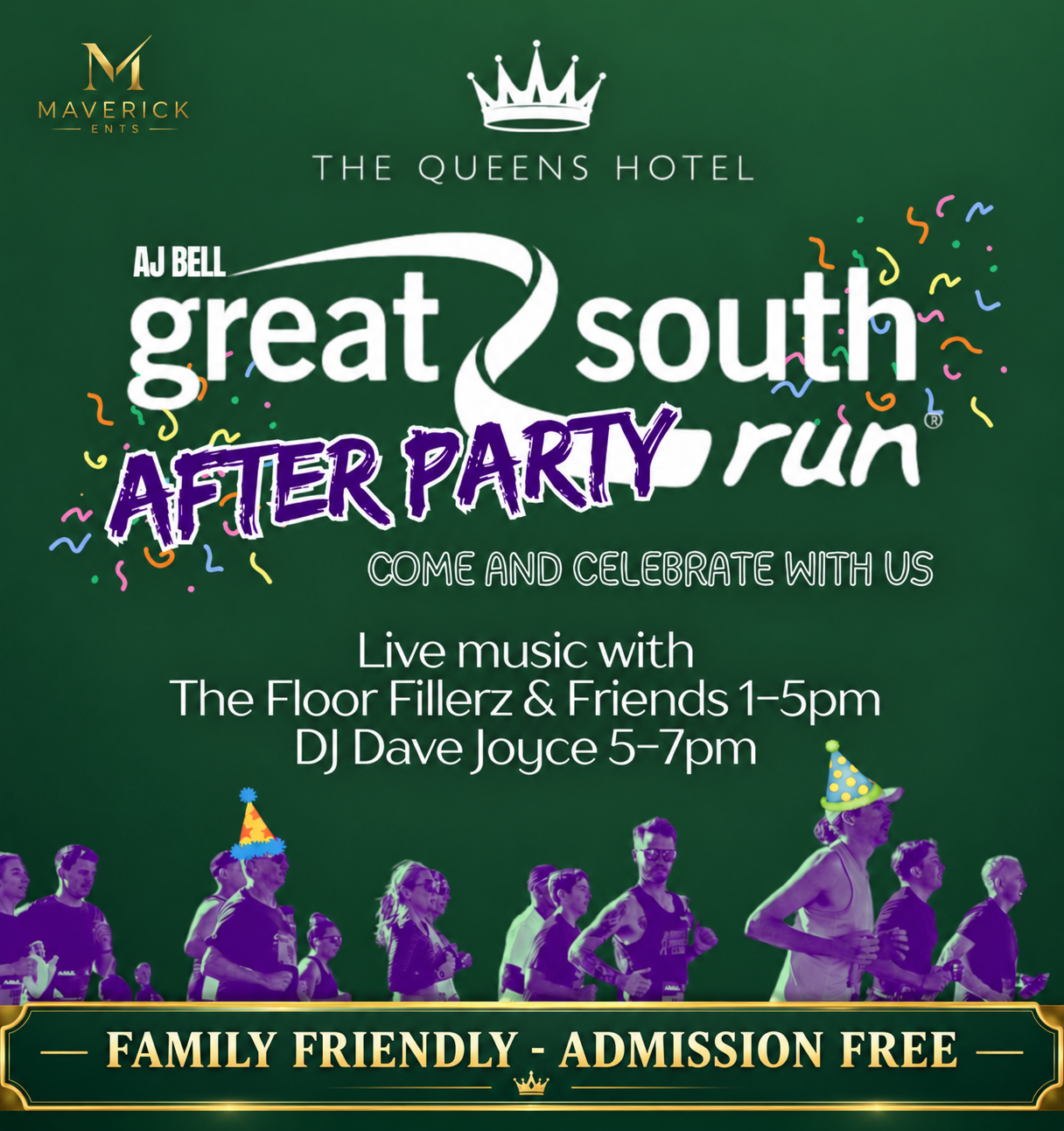 Sunday 18th October 2026 12.00pm  to 6.00pm  GREAT SOUTH RUN  AFTER PARTY with FLOORFILLERZ and  DJ  DAVE JOYCE in The Winter Lodge at the Queens Hotel Southsea.. Admission FREE.